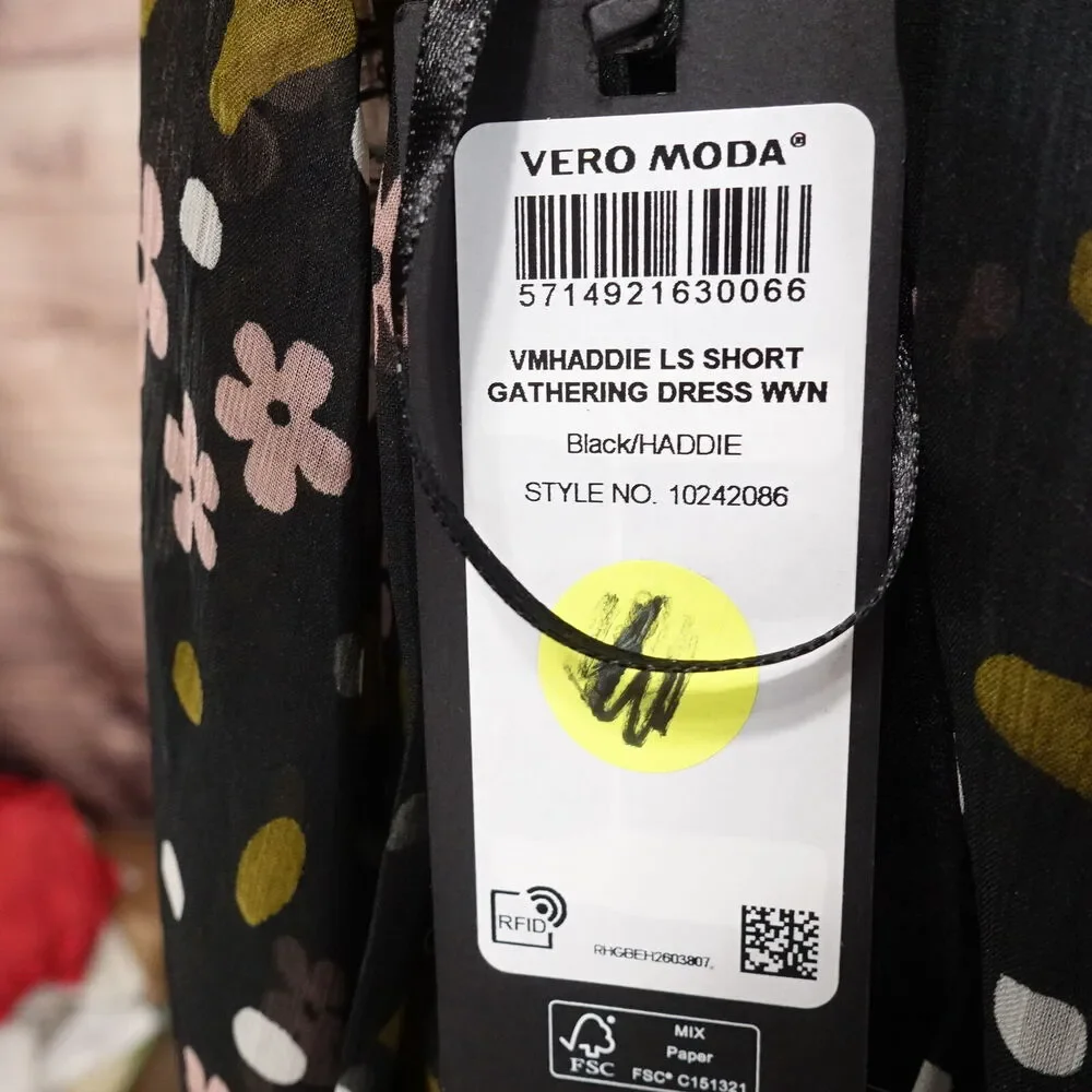 VERO MODA VMHADDIE LS‎ SHORT GATHERING DRESS FLORAL SHEER WOMENS SIZE S NEW!